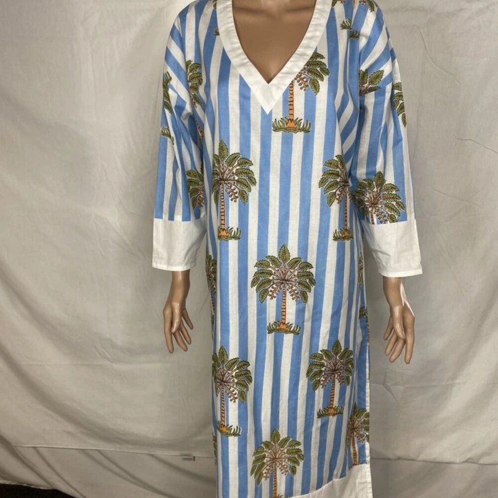 NEW FANCY Cotton Poplin Palm Tree Summer Dress Size L | Color: Blue/White